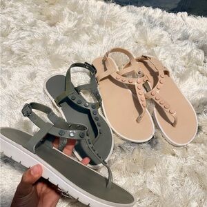 Missguided Studded T-Strap Sandals in Olive Green and Blush
